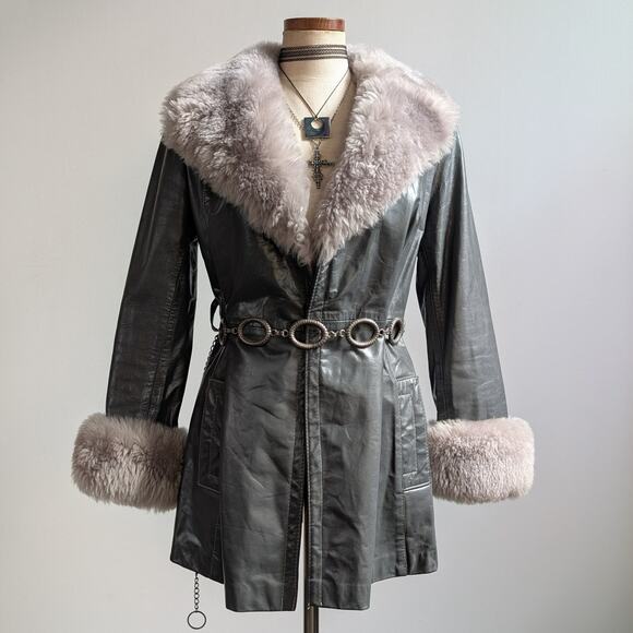 Vintage Blue Grey Leather Shearling Penny Lane Jacket Groovy Trench Coat Medium - Picture 2 of 9